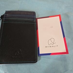 MYWALIT Black Leather Card Holder with Coin Packet Clear Window  Blue Stitching